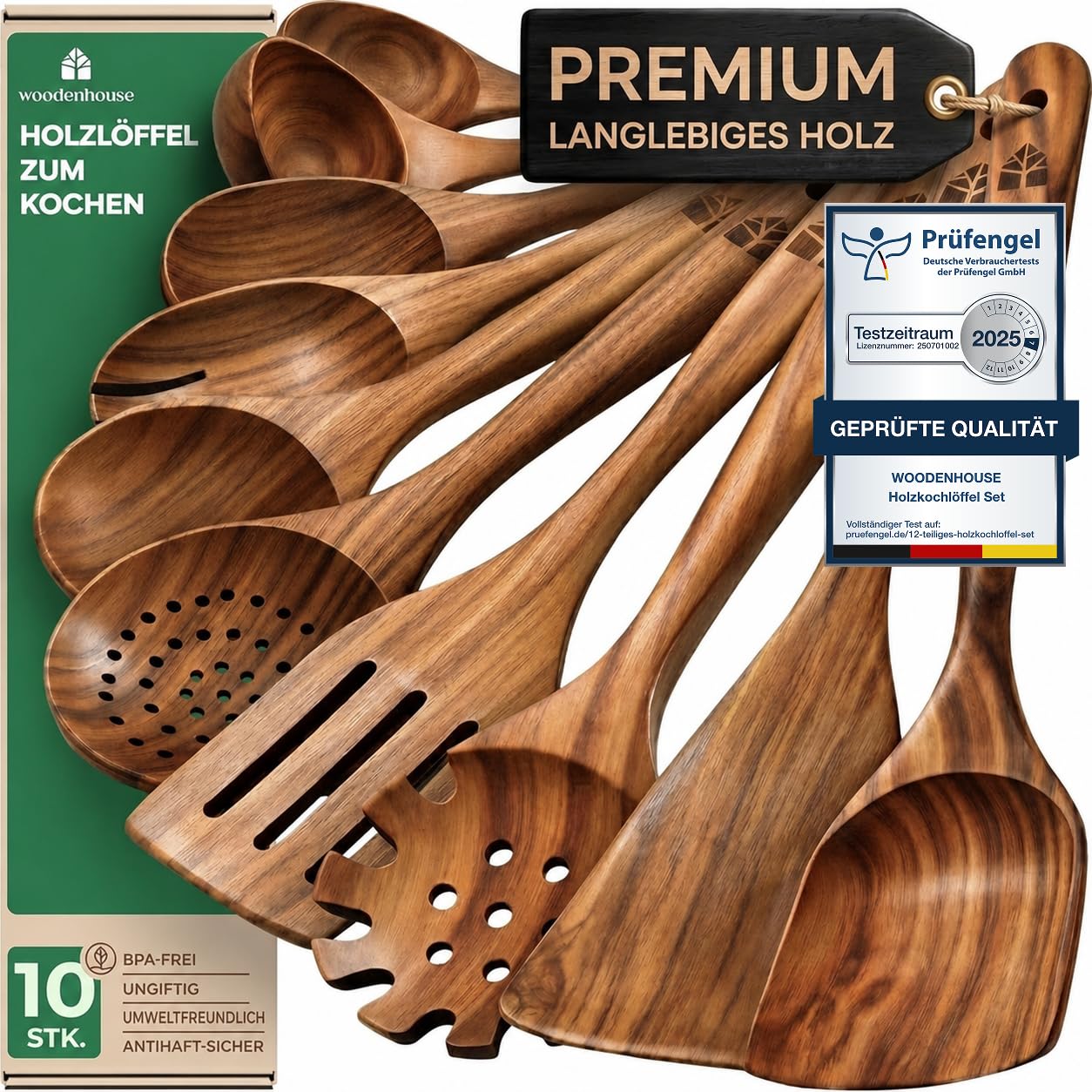 Kochlöffel Holz Set 10-teilig aus Teakholz, Holzlöffel und Pfannenwender