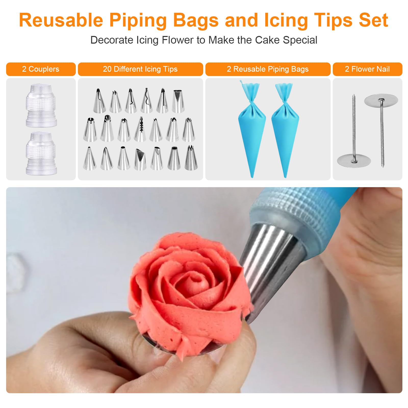 Uten Kit di accessori per la decorazione di torte con piatto girevole da 30,5 cm, 33 pezzi, in alluminio, strumenti da forno con 20 punte per glassa, sacchetti, 3 spatole dritte e offset, spatola in