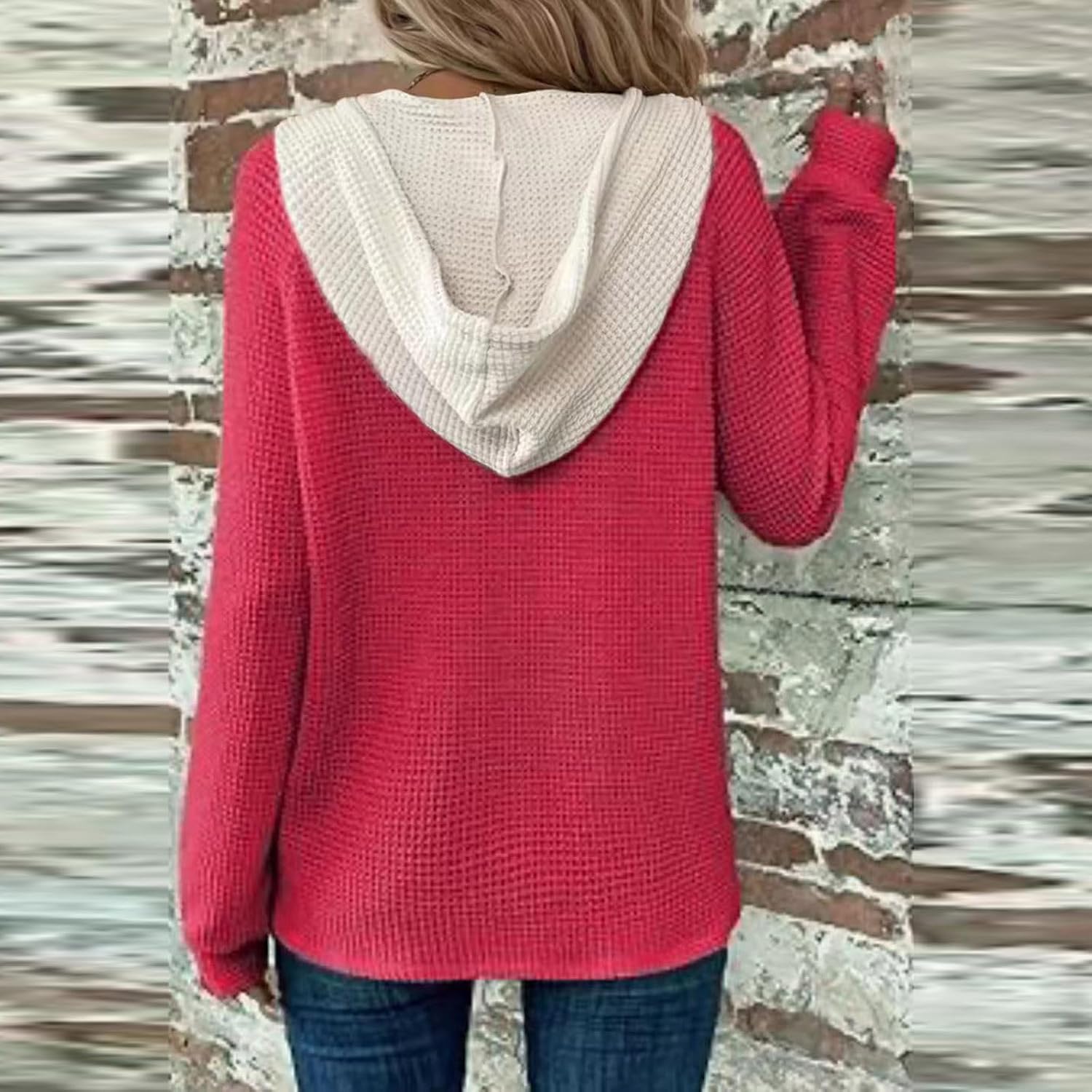 Oversized Sweatshirt For Women Waffle Button Hoodie Fall V Neck Hoodies Knit Long Sleeve Drawstring Casual Pullover