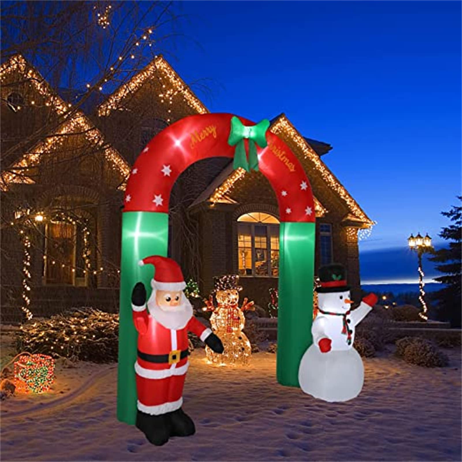 QBOMB Arche Gonflable de Noël de 8 Pieds avec lumières LED intégrées, Père Noël et Bonhomme de Neige Décorations de Vacances en Plein air pour la pelouse de Jardin de Jardin