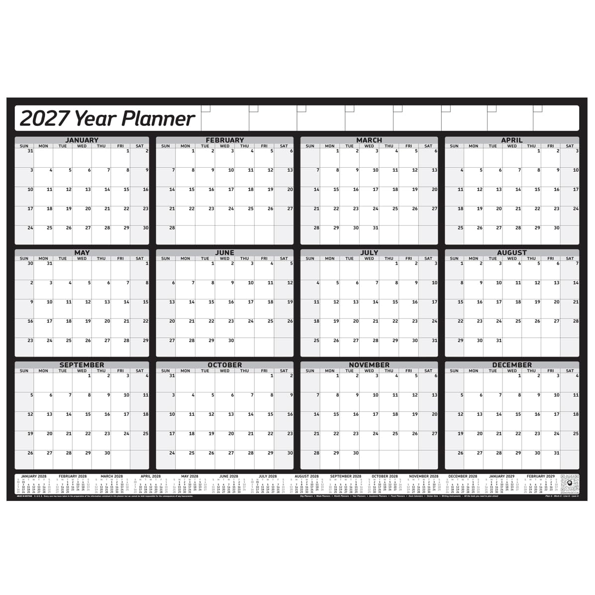 2027 Yearly Wall Planner Calendar, 12 Months, January - December, Unmounted Unlaminated (2027 Black Large Folded)