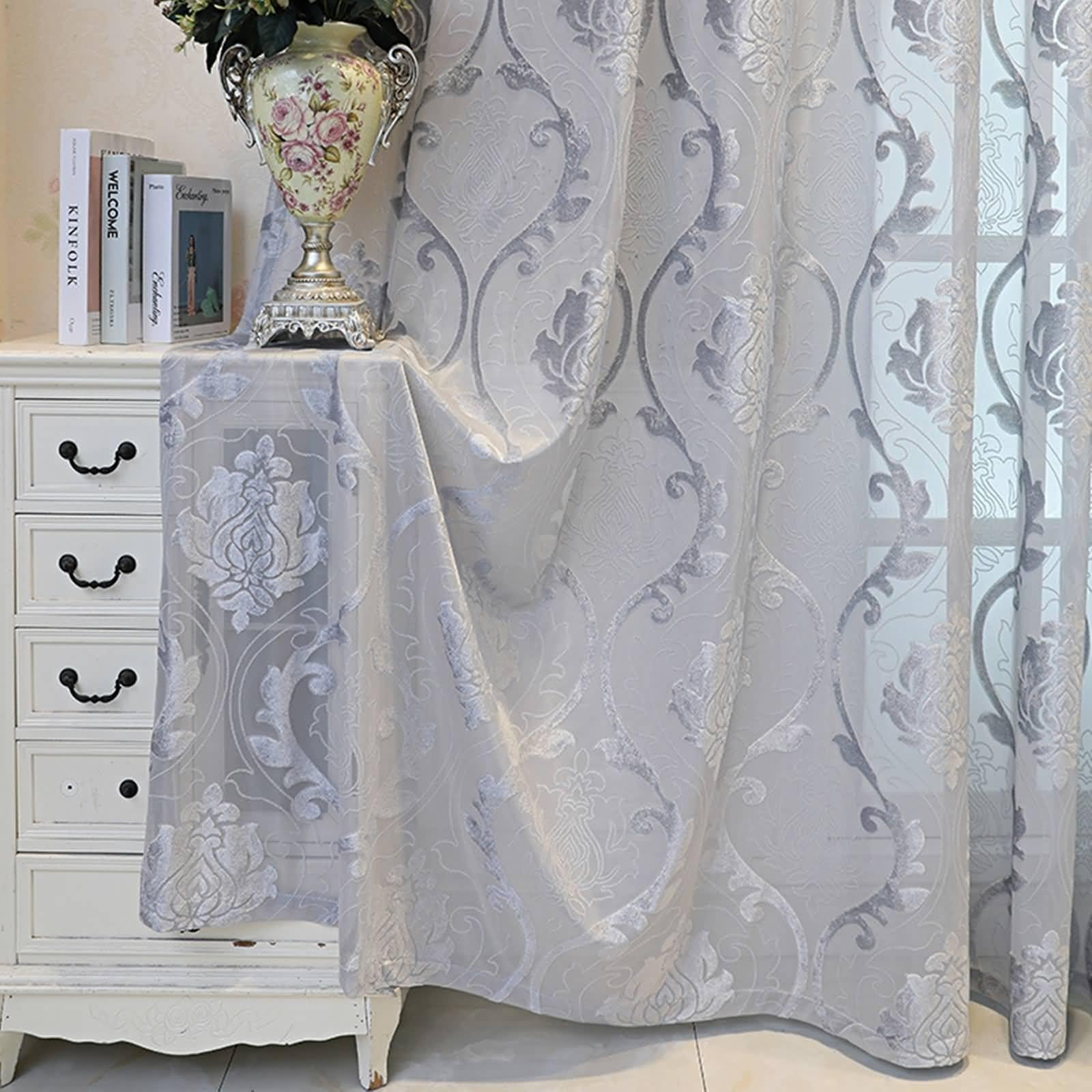 Wycian Vorhang Bett Gardinen 2er Set Silber Voile mit Jacquard-Blumenmuster H229 x B107 cm (2er Pack) Polyester
