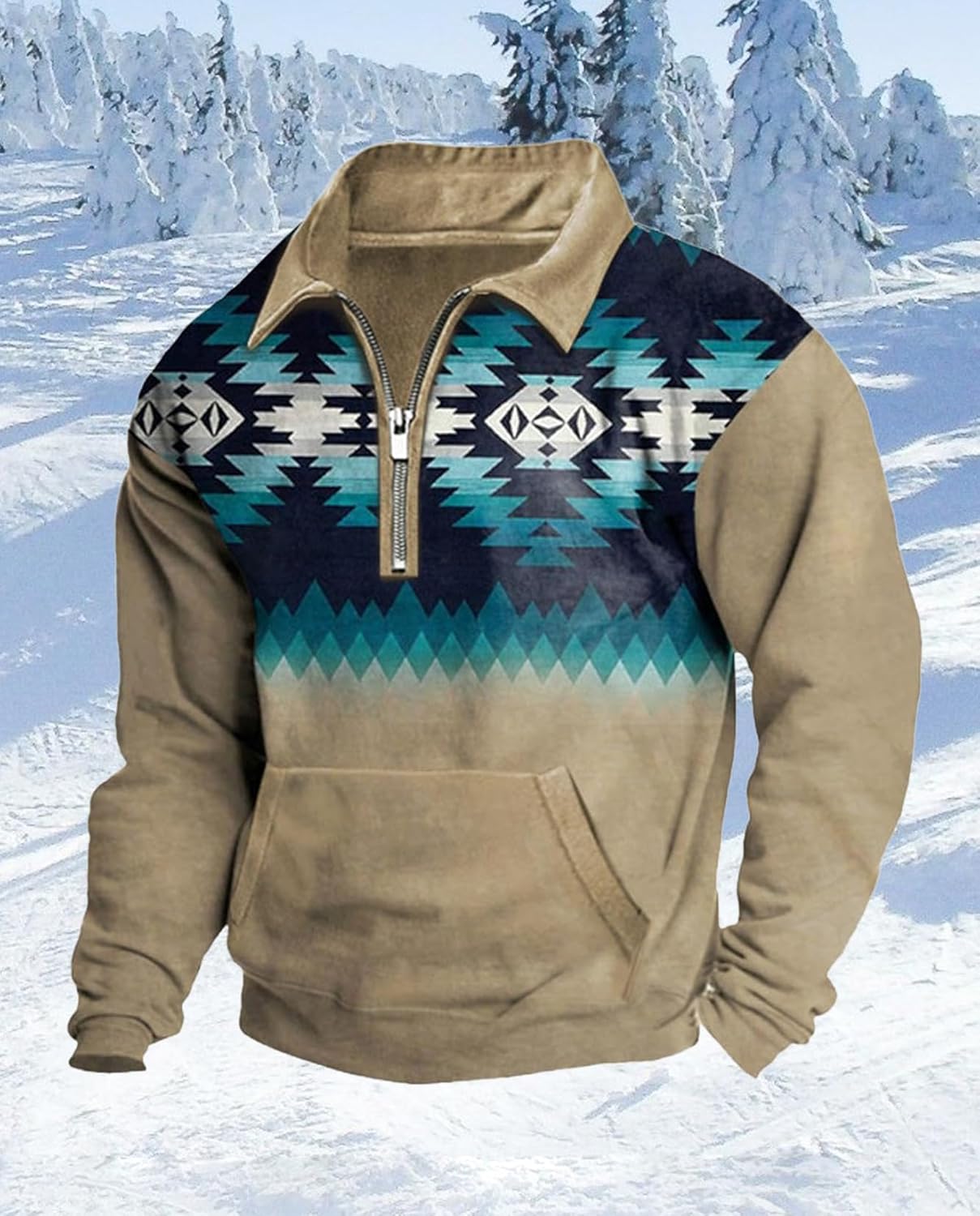 Western Sweatshirts for Men Aztec Cowboy Vintage Graphic Fleece Hoodie Mens Quarter Zip Pullover Country Jacket - Image 2