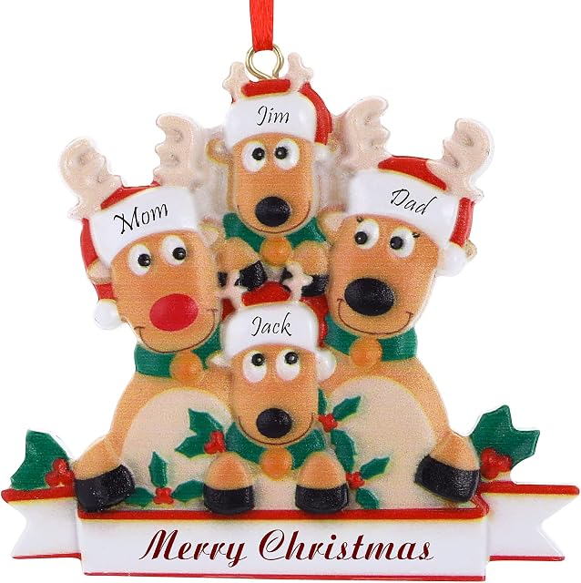 Molain 2022 Deer Christmas Ornaments, Family Ornament of 3,4,5 Custom Name Reindeer Xmas Tree Pendant with Text, Customized Christmas Decoration Gifts(Family of 4)