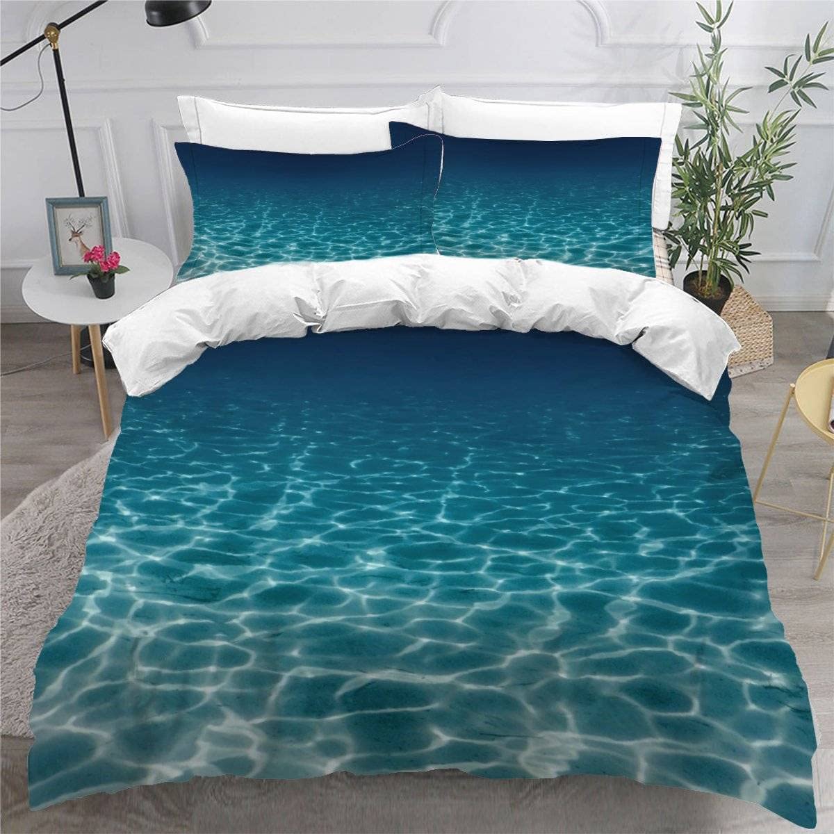 Housse de couette 140x200 avec fermeture eclair motif mer pour lit 1 personne