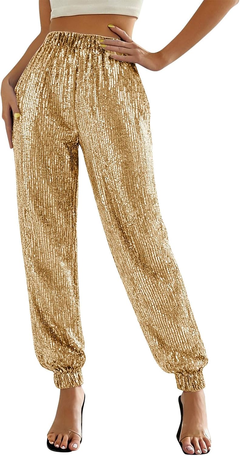 Sequin Joggers for Women Elastic High Waisted Sparkly Pants Holiday Party Glitter Trousers Disco Dance Clothes 2025 - Image 2