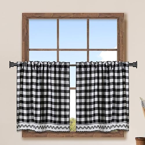 Jola's House Paquete de 4 cortinas a cuadros de búfalo para ventana, color blanco y negro, par de cortinas de decoración de ventana con bolsillo