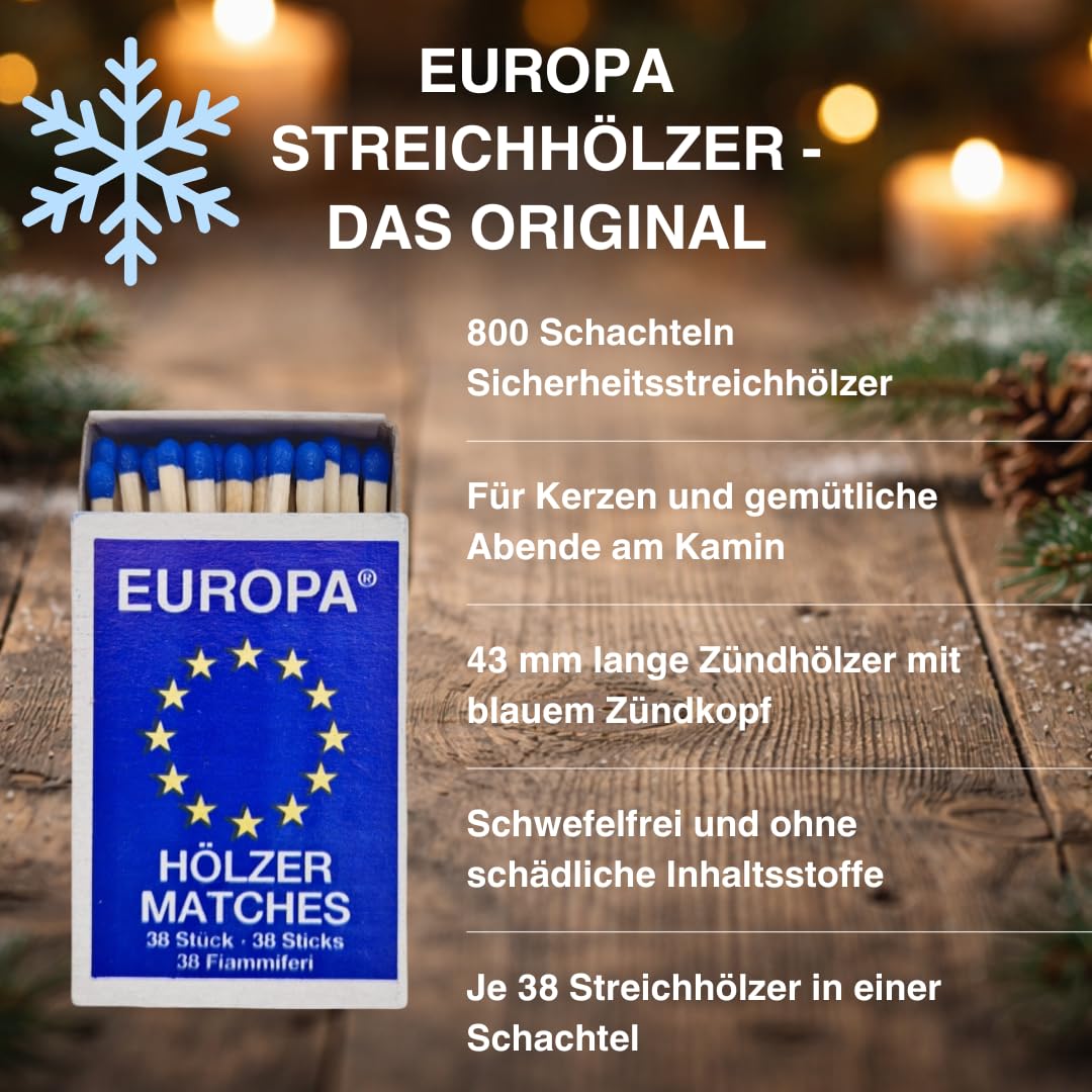 EUROPA Zündhölzer - 800 Streichholzschachteln, das Original als Großpackung, Sicherheitszündhölzer mit blauem Zündkopf für Kerzen, Kamin und Ofen, Haushalt Gewerbe