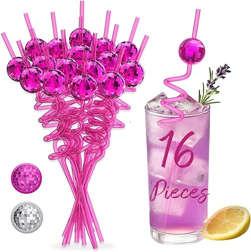 16 piezas de decoración de fiesta de discoteca, mini bola de discoteca, pajitas reutilizables, pajitas de bola de discoteca de los años 70 para Rosa
