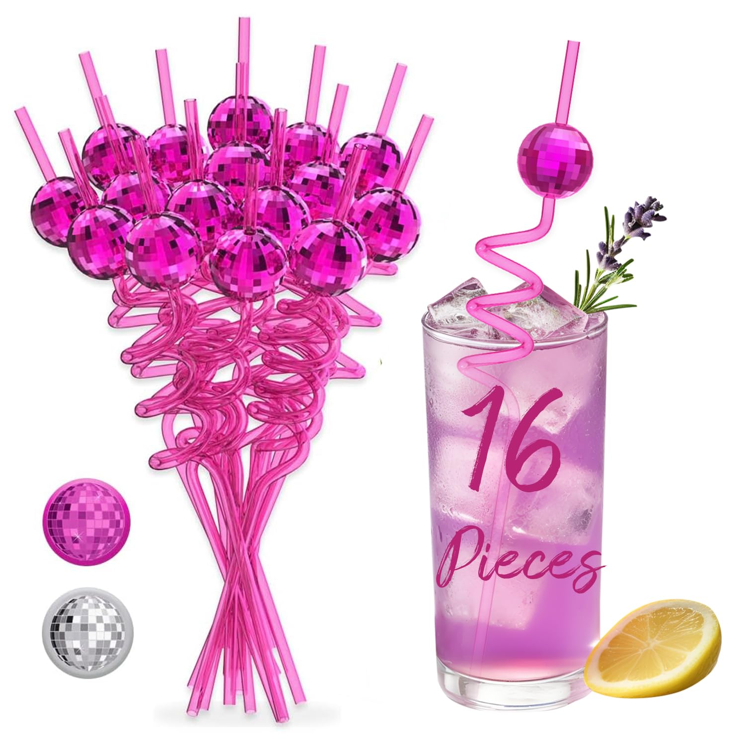 16PCS Disco Party Decorations, Mini Disco Ball Decor Reusable Straw, 70s Disco Ball Straws for Bachelorette Party Decorations Birthday Supplies (Pink)