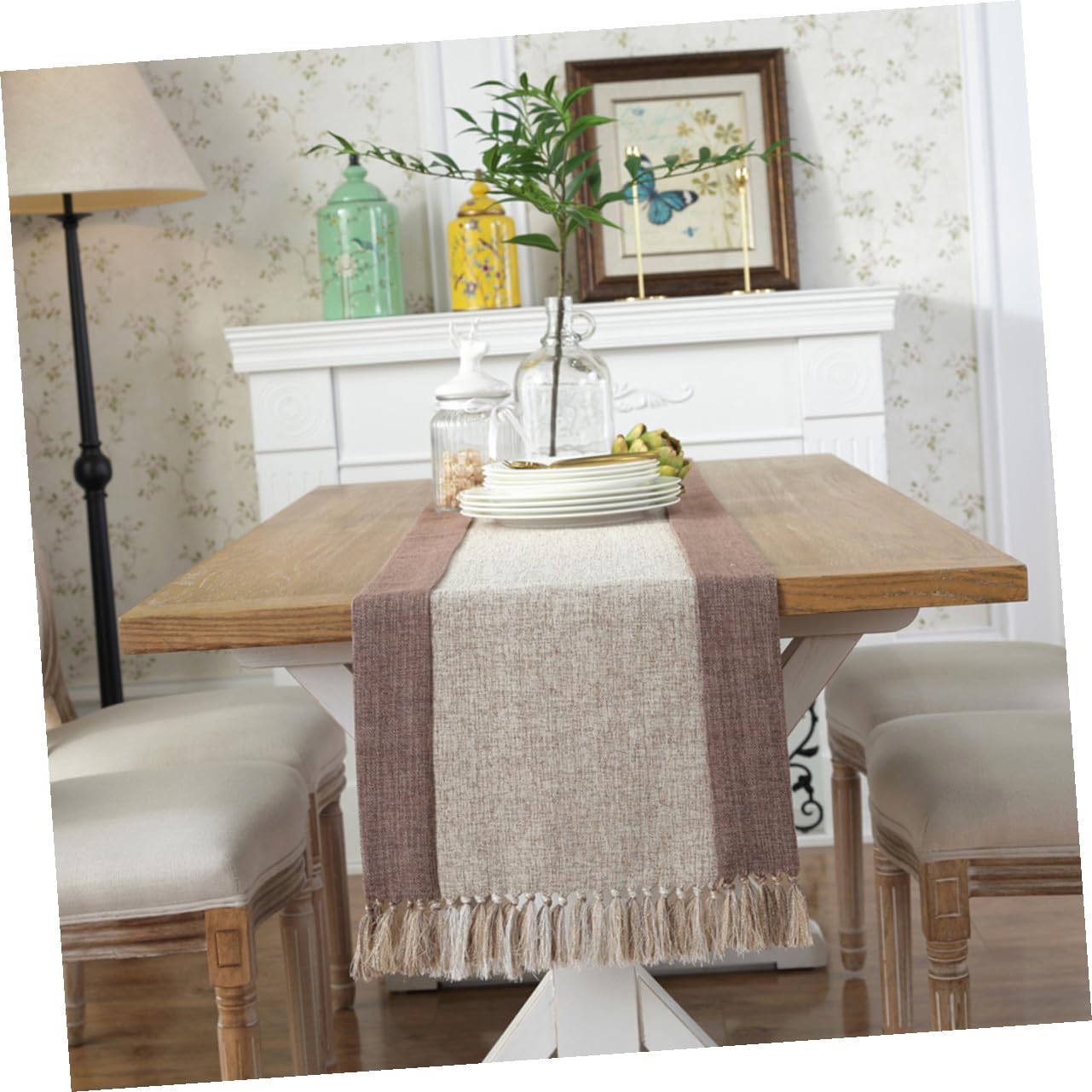 Generico Runner da Tavola Lavabile in Cotone Beige 38x240 Cm Doppio Strato e Frange Crea Un'atmosfera Calda e Romantica la Casa e Feste