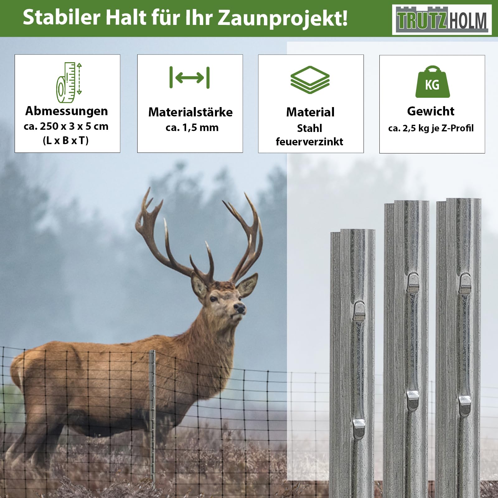 TRUTZHOLM 10x Z-Profil Zaunpfosten 250 cm feuerverzinkt Zaunpfähle 1,5 mm Stärke gestanzte Haken Forstprofil