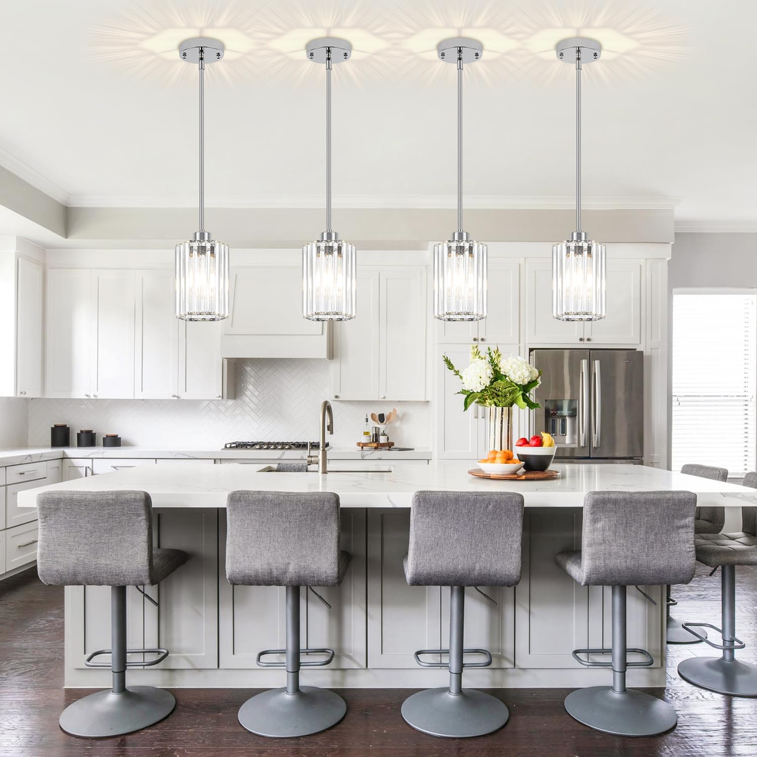 2-Pack Chrome Pendant Lights Kitchen Island Modern Crystal Hanging Pendant Light Hexagonal Mini Chandelier Adjustable Hanging Kitchen Lights for Dining Room Hallway Bedroom Entryway Light Fixture