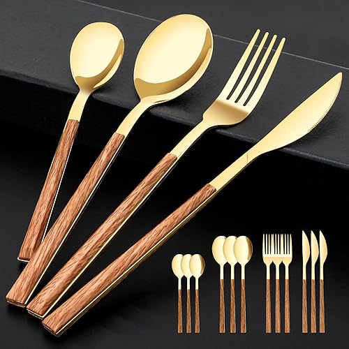 Miniatura 8 de Juego de cubiertos de acero inoxidable para 4, incluye cuchillos, tenedores, cucharas para 4, pulido espejo y apto para lavavajillas (arcoíris)