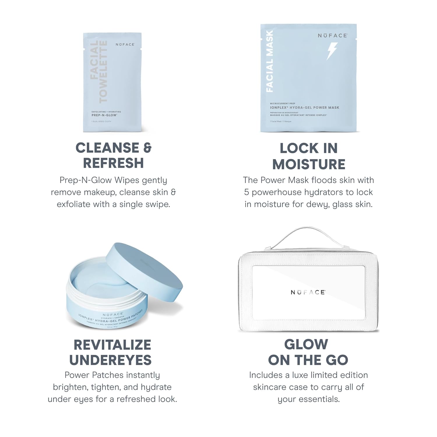 NuFACE Ultimate Glow Skincare Kit - Limited Edition Set with Hydrogel Power Mask, Under Eye Patches, Prep-N-Glow Facial Wipes & Luxe Bag - Hydrating Skincare to Prep for Microcurrent (4ct)