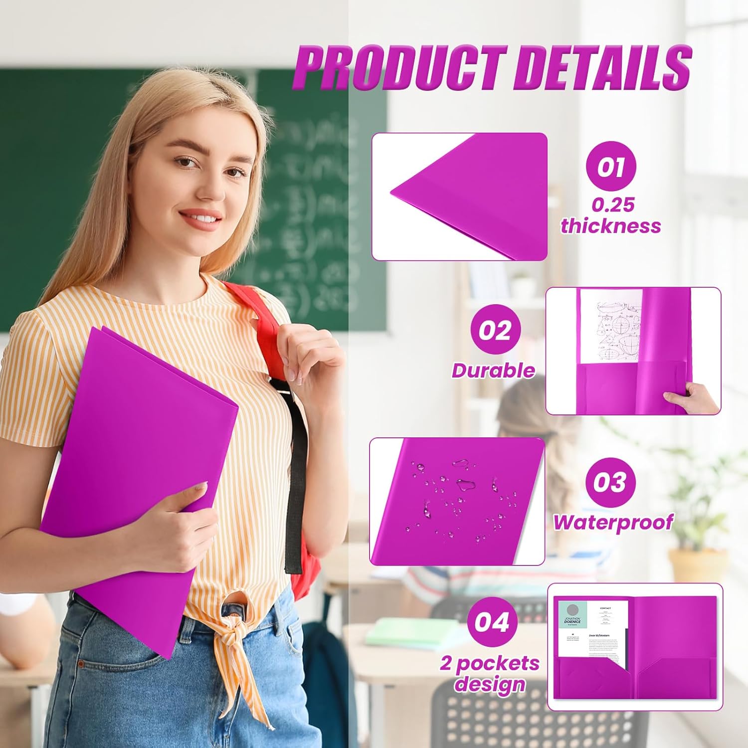 Gueevin 50 Pcs Plastic Folders with Two Pockets, Back to School Two Pocket Folder Fit Letter Size, Heavy Duty School Business Card Holder for Home Office Teachers(Fluorescent Purple)