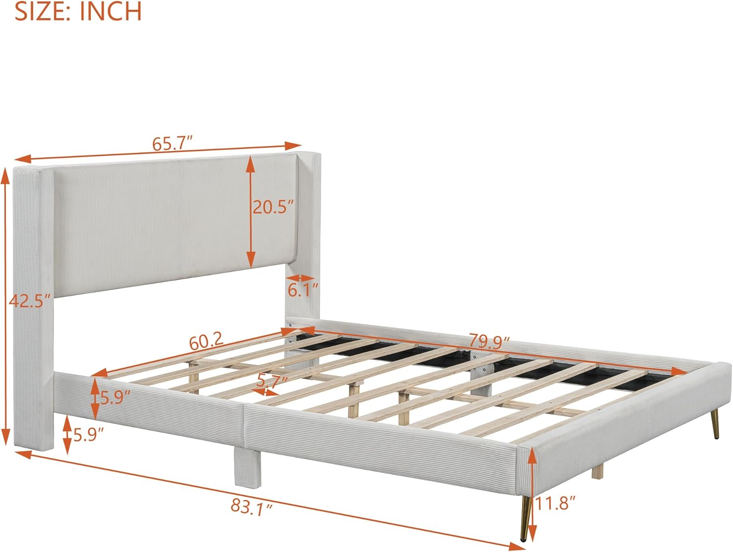 Harper & Bright Designs Corduroy Queen Platform Bed with Headboard and Strong Wooden Slats, Non-Slip and Noise-Free, Upholstered Queen Size Bed Frame for Bedroom, No Box Spring Needed, Beige