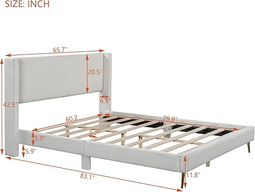 Miniatura 2 de Base de cama moderna de plataforma de pana tamaño Queen con cabecera con respaldo de alas, base de cama tapizada con patas de metal, soporte de