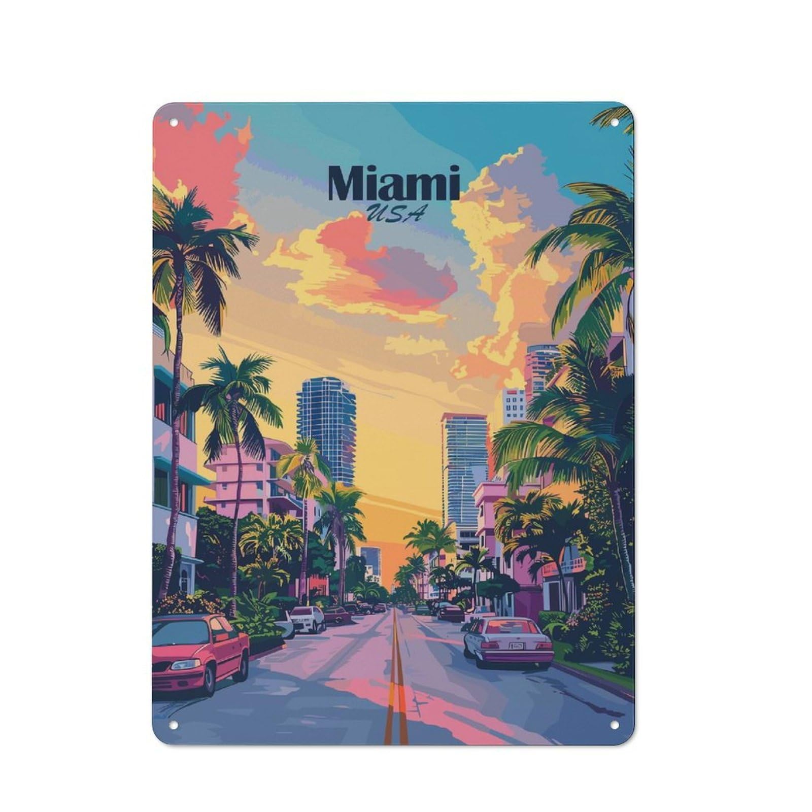 Junmoney Style-20 Retro Metal Wall Sign 40X30cm Featuring Miami Usa Cityscape With Palm Trees For Garage Wall, For Garage, Workshop And Man Cave Decoration