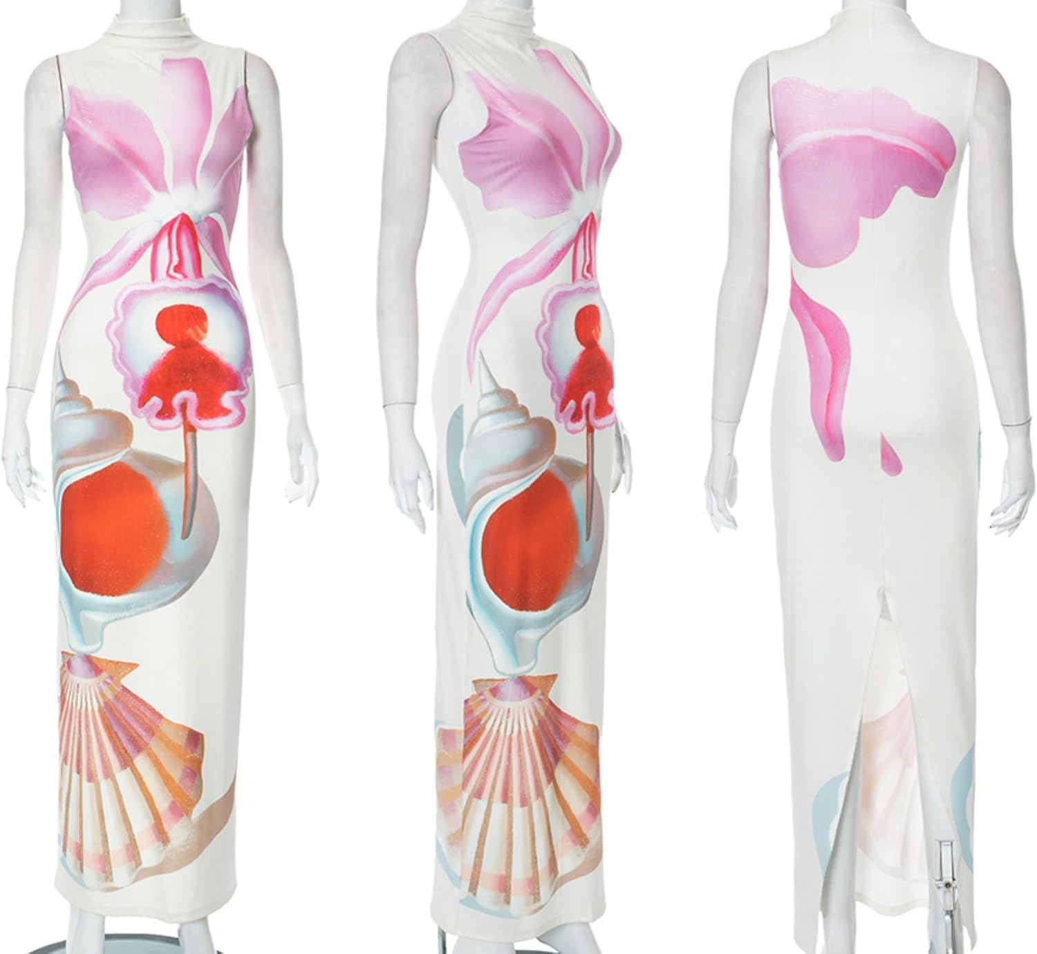 Women's Sexy Sleeveless Floral Printed Maxi Dress Ribbed Knit Mock Neck Bodycon Long Dress Cocktail Party Dresses - Image 6