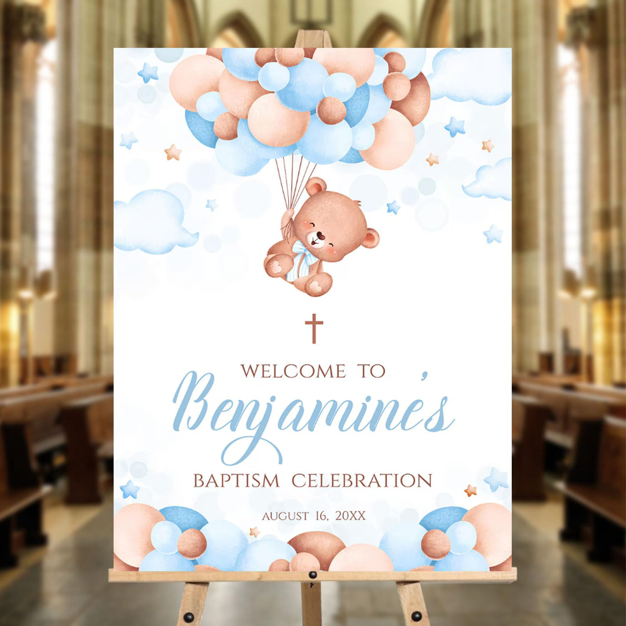 Personalized Boy Blue Bear Baptism Sign, Custom First Communion Boy And Girl Signs, Modern First Holy Communion Signage, Welcome To The Baptism Sign, Indoor And Outdoor Decoration Party Signs, Personalized Signs, Printable Baptism Signage