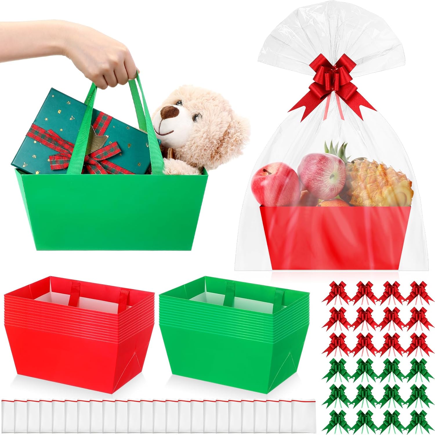 24Pcs Christmas Baskets For Gifts Empty Holiday Gift Basket with Plastic Bag and Pull Bow DIY Gift Package 9.8 x 6.5 x 4.3 Inch Cardboard Basket for Xmas Wrapping Supply(Red Green,Solid Style)