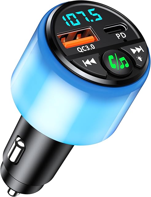 Mohard Bluetooth Car 5.3, [PD 30W & QC3.0 18W] Ładowarka samochodowa Szybkie ładowanie, [Pełna jasność] Nadajnik FM Bluetooth Samochód z kolorowym światłem oddechowym, głośnomówiący