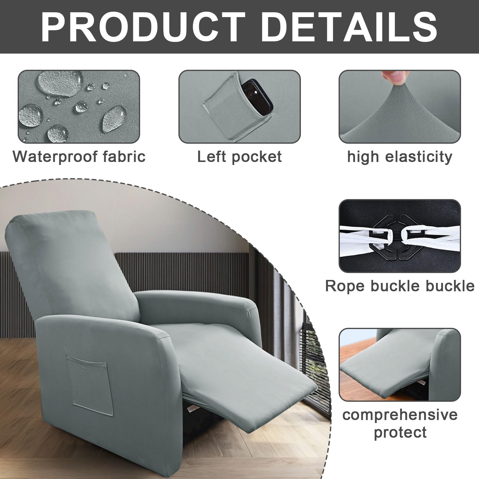 Coprisedia elasticizzato per poltrona relax completo, impermeabile, resistente agli spruzzi, elastico, poltrona relax, poltrona TV, colore: grigio chiaro