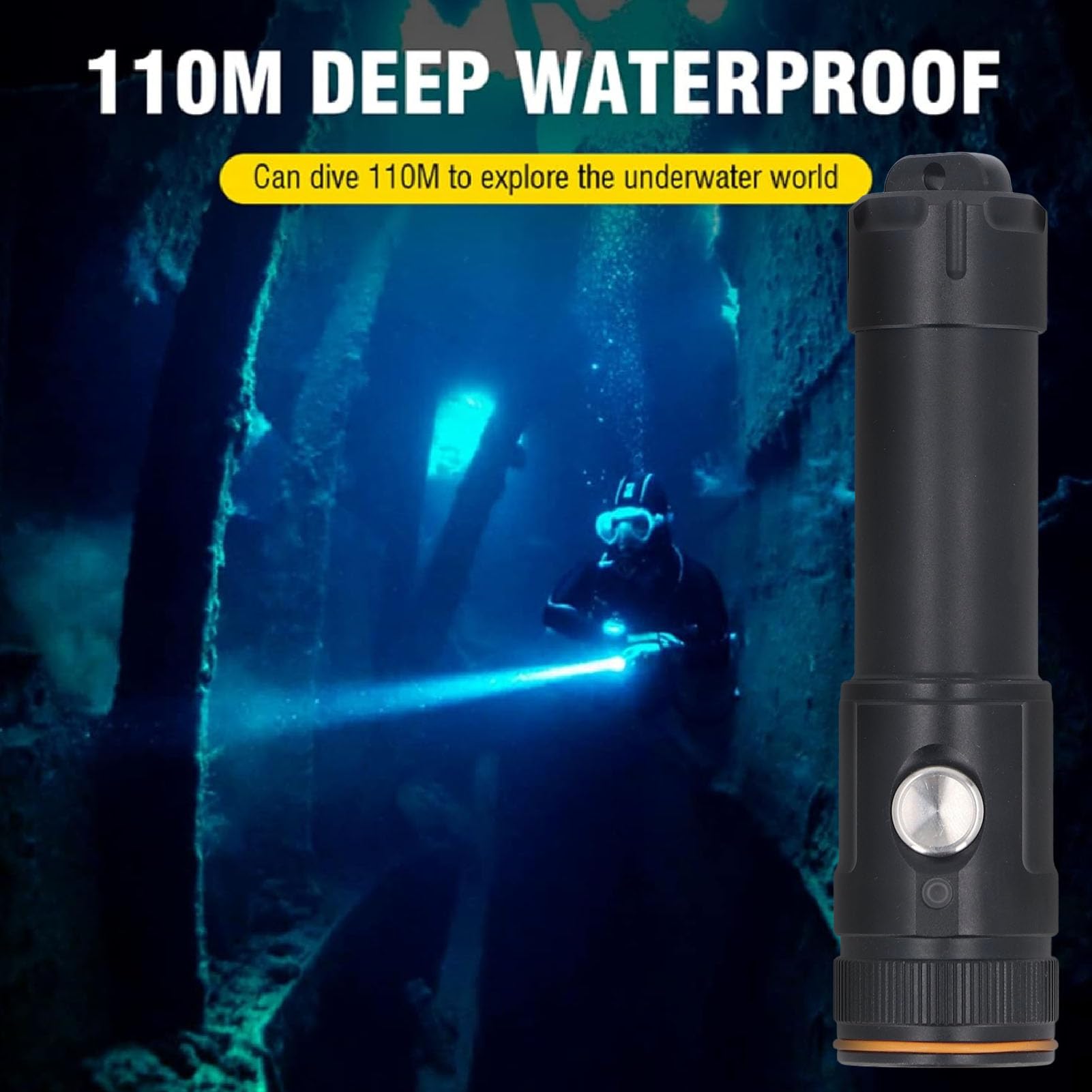 Torcia per Immersioni Subacquee, Torcia Subacquea Ricaricabile Super Luminosa Impermeabile IP68 con Indicatore di Carica, 6 Modalità, per Immersioni, Snorkeling