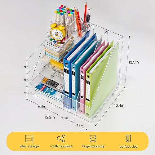 Miniatura 6 de BONIER Organizador de escritorio acrílico, bandeja de papel de 4 niveles y clasificador de correo, estante de revistero de 2 niveles, almacenamiento