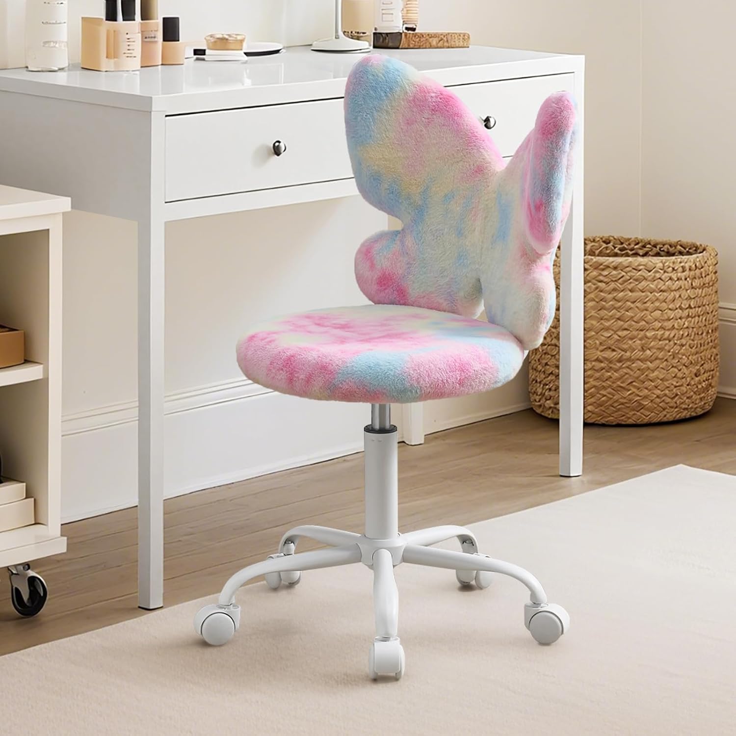 Kids Desk Chair with Adjustable Height,Butterfly Study Fluffly Chair with Comfortable Swivel Function for Reading,Vanity ＆ Playing (Pink)