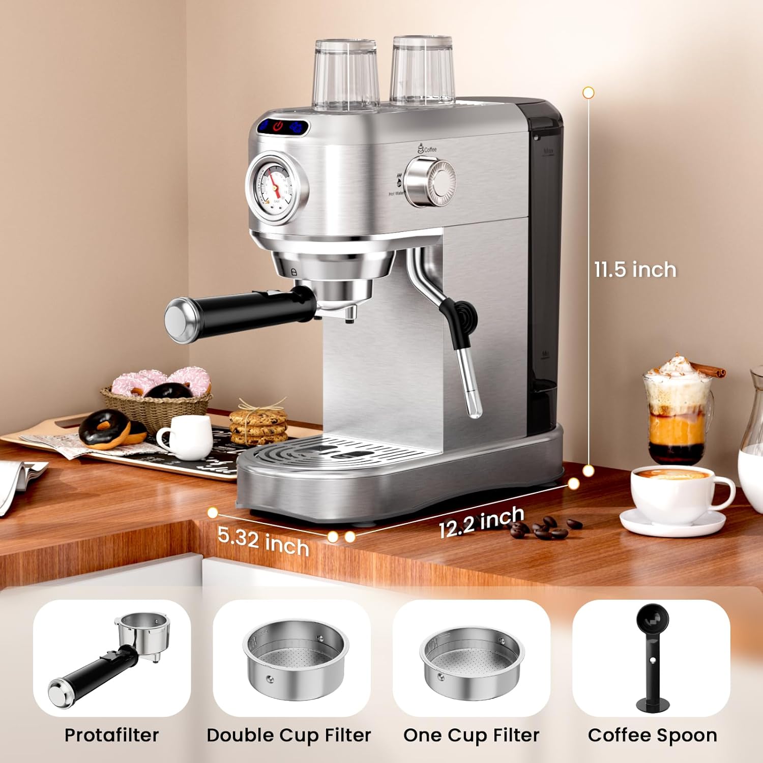 Espresso Machine with Milk Frother, 20 Bar Stainless Steel Coffee Machine, Espresso Maker with 34oz Removable Water Tank for Home, Office, Women or Men