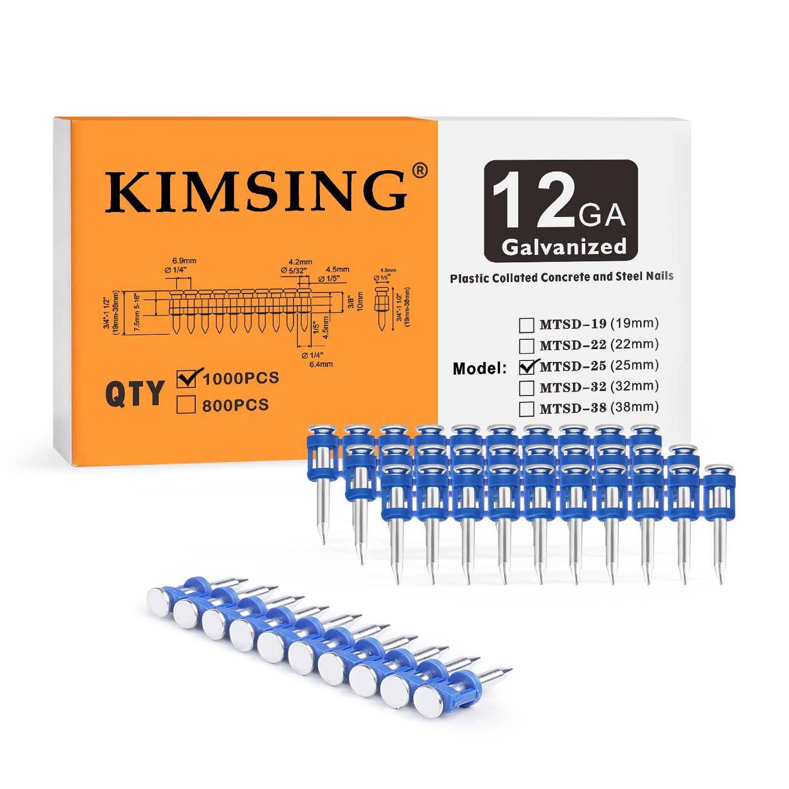 KIMSING MTSD-25 12GA clavos para hormigón 25mm 1000 pzas para puertas | Galvanisation épaisse anticorrosion, bande plastique pour chargement facile, 25mm, pour portes, fenêtres et plafonds