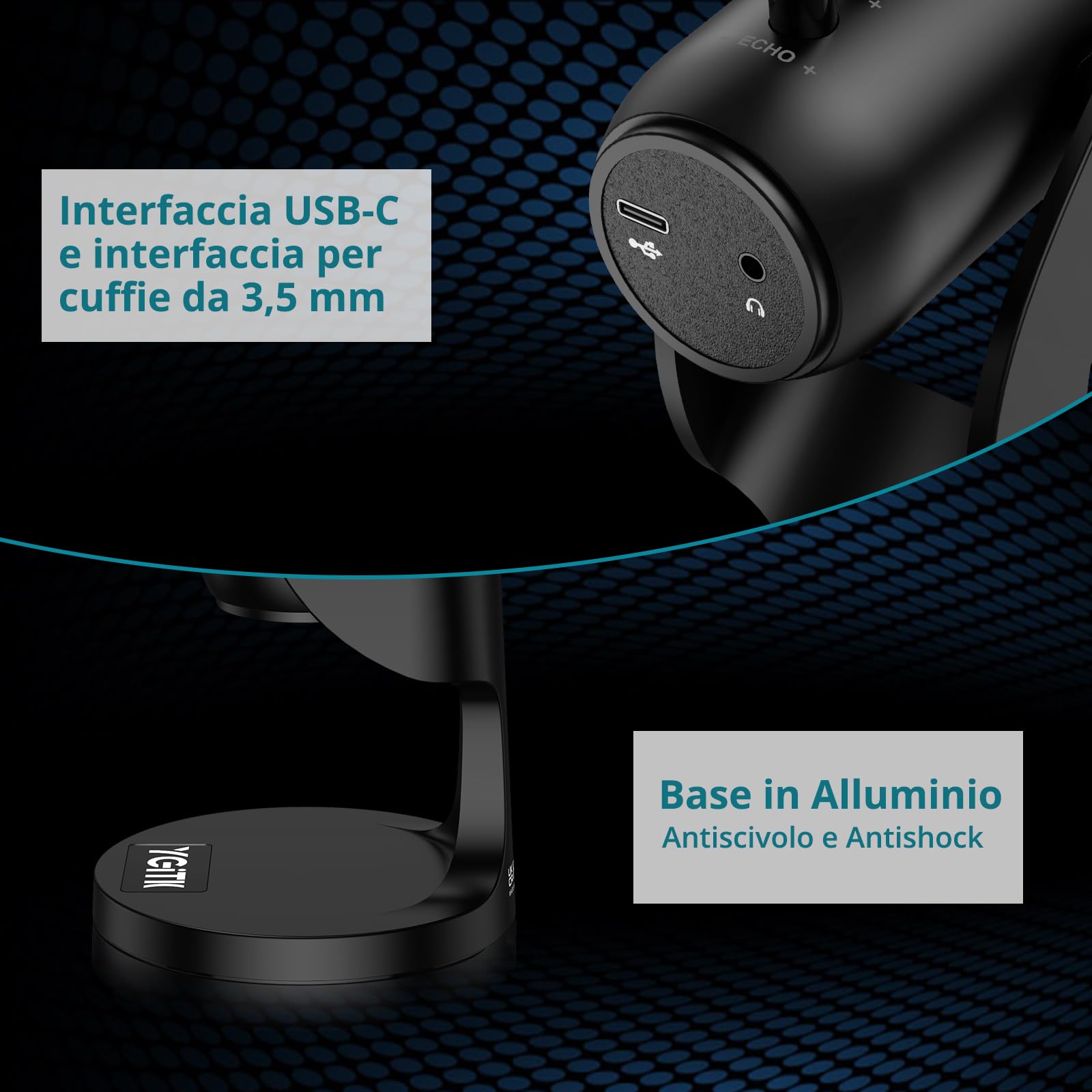 Microfono USB Professionale con Riduzione Rumore Intelligente & Base in Lega Antiscivolo - Compatibile PC/Smartphone per Streaming, Registrazione, Canto (Cuffia 3.5mm Inclusa)