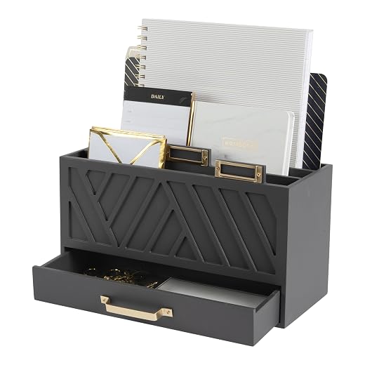Grey Desktop Mail Organizer Three-Tiered featuring Gold Label Holders and a Drawer - Stay Organized and Stylish with a Convenient Mail Holder Countertop Document Storage - Home or Office by Blu Monaco