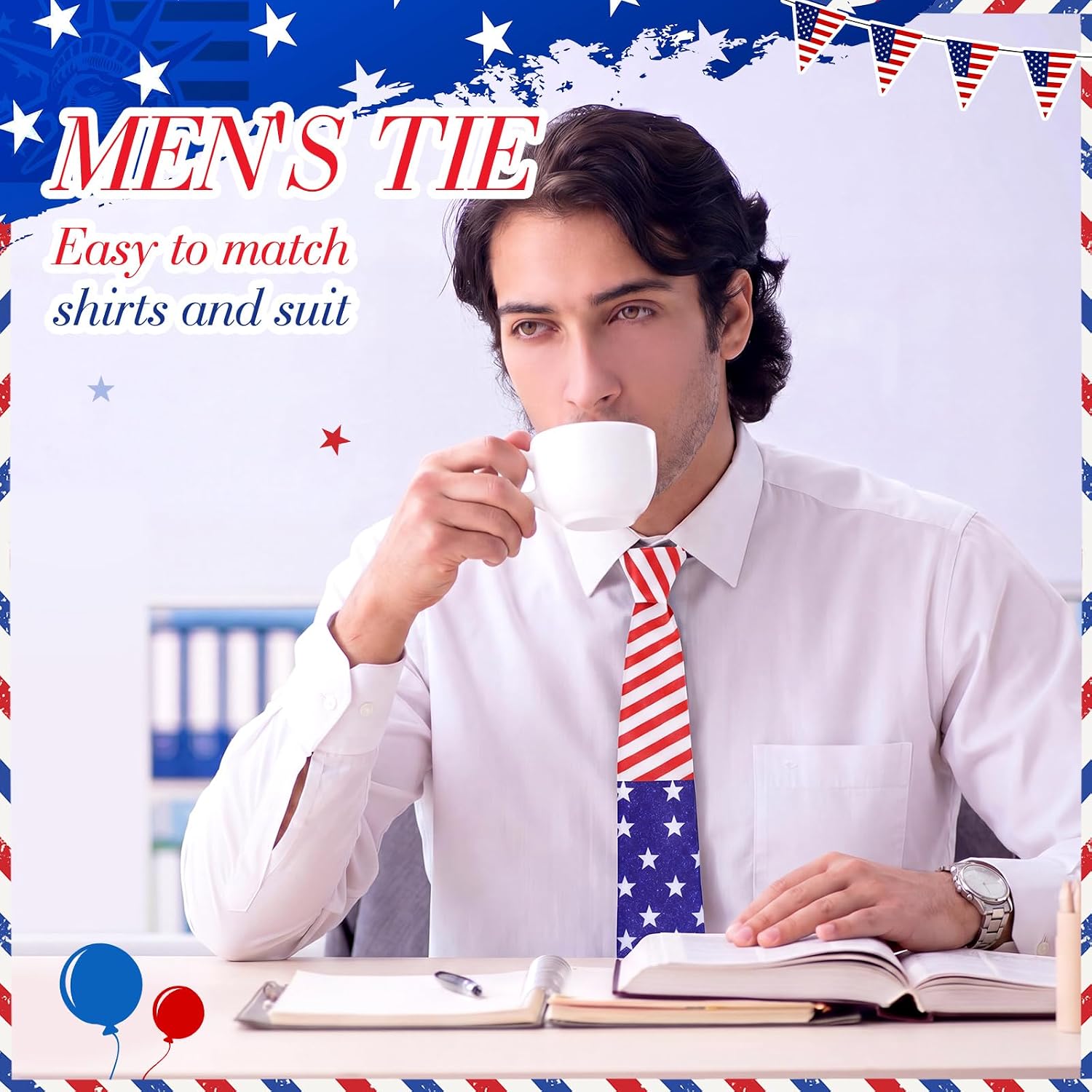 Syhood Patriotic Ties for Men 4th of July Necktie Red White Blue 250th Ties for Independence Day Party Accessories