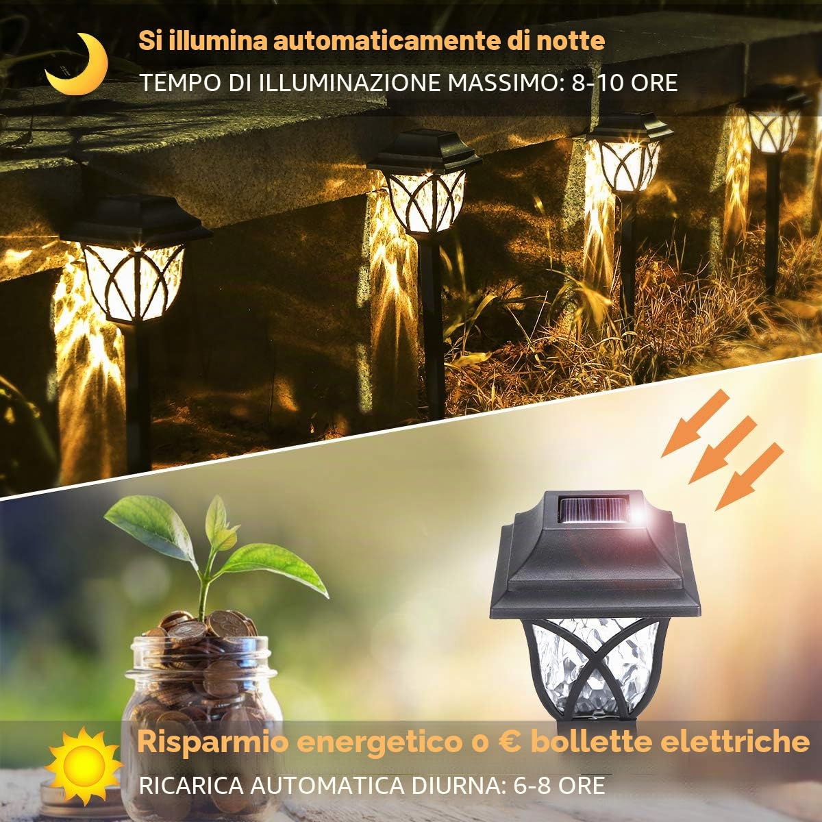 Lampada Solare Giardino Esterno, 6 Pcs IP65 Impermeabile Luci Solari da Giardino, Bianco Caldo LED Luce Solari Giardino per Balcone Cortile, Prato, Paesaggio, Vialetto Decorazione
