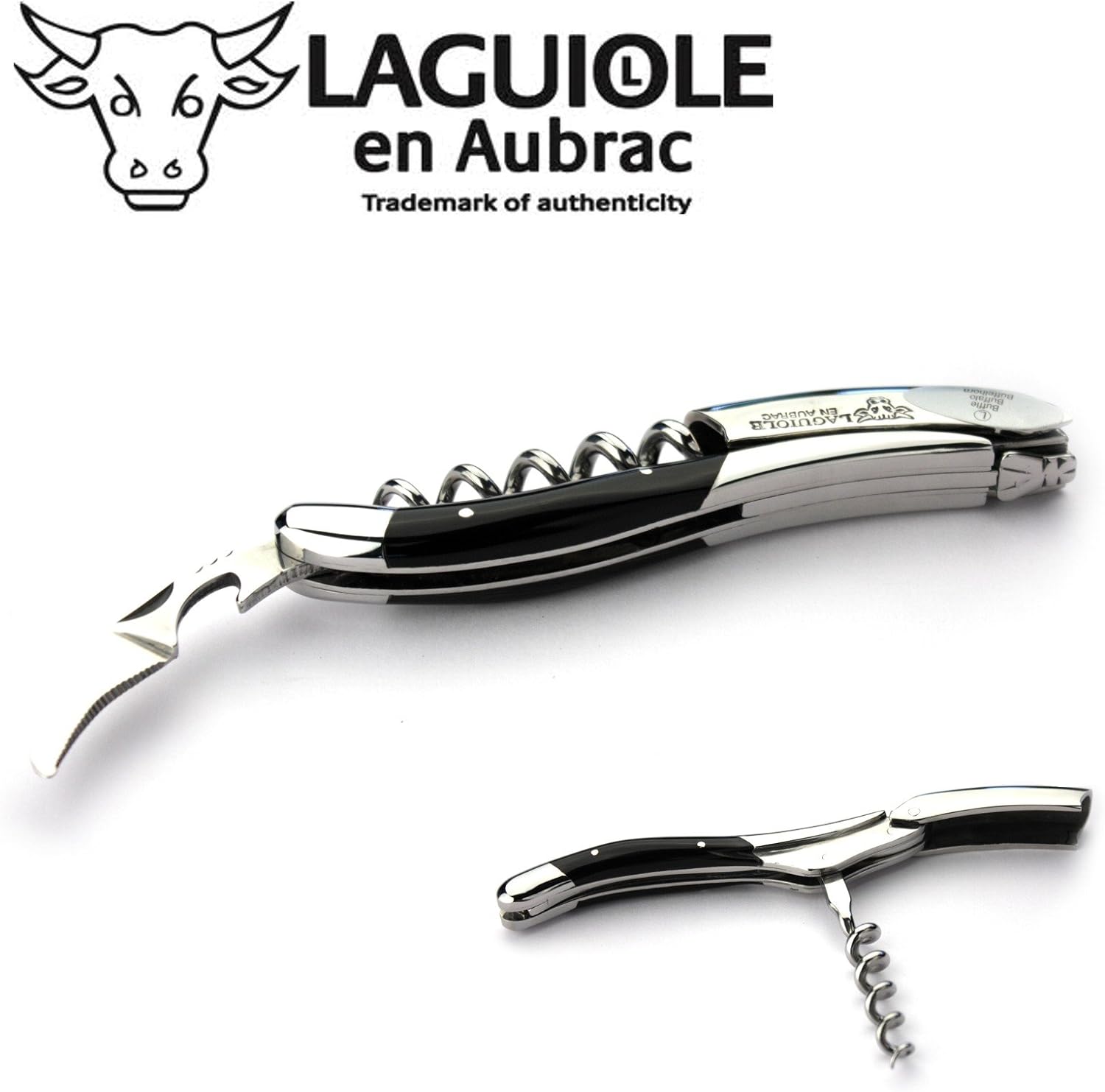 Laguiole En Aubrac Sommelier Waiter's Corkscrew, Buffalo Horn Handle, Wine Opener With Foil Cutter & Bottle Opener, Stainless Steel Shiny Bolsters