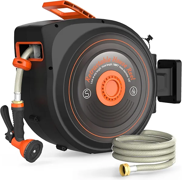 Treillage Tale Retractable Garden Hose Reel 1/2 in x 100 ft, Auto-Rewind & Any Length Lock, 180° Swivel Heavy Duty Hose Reel Wall Mount for Outside, 10 Spray Patterns, UV-Resistant