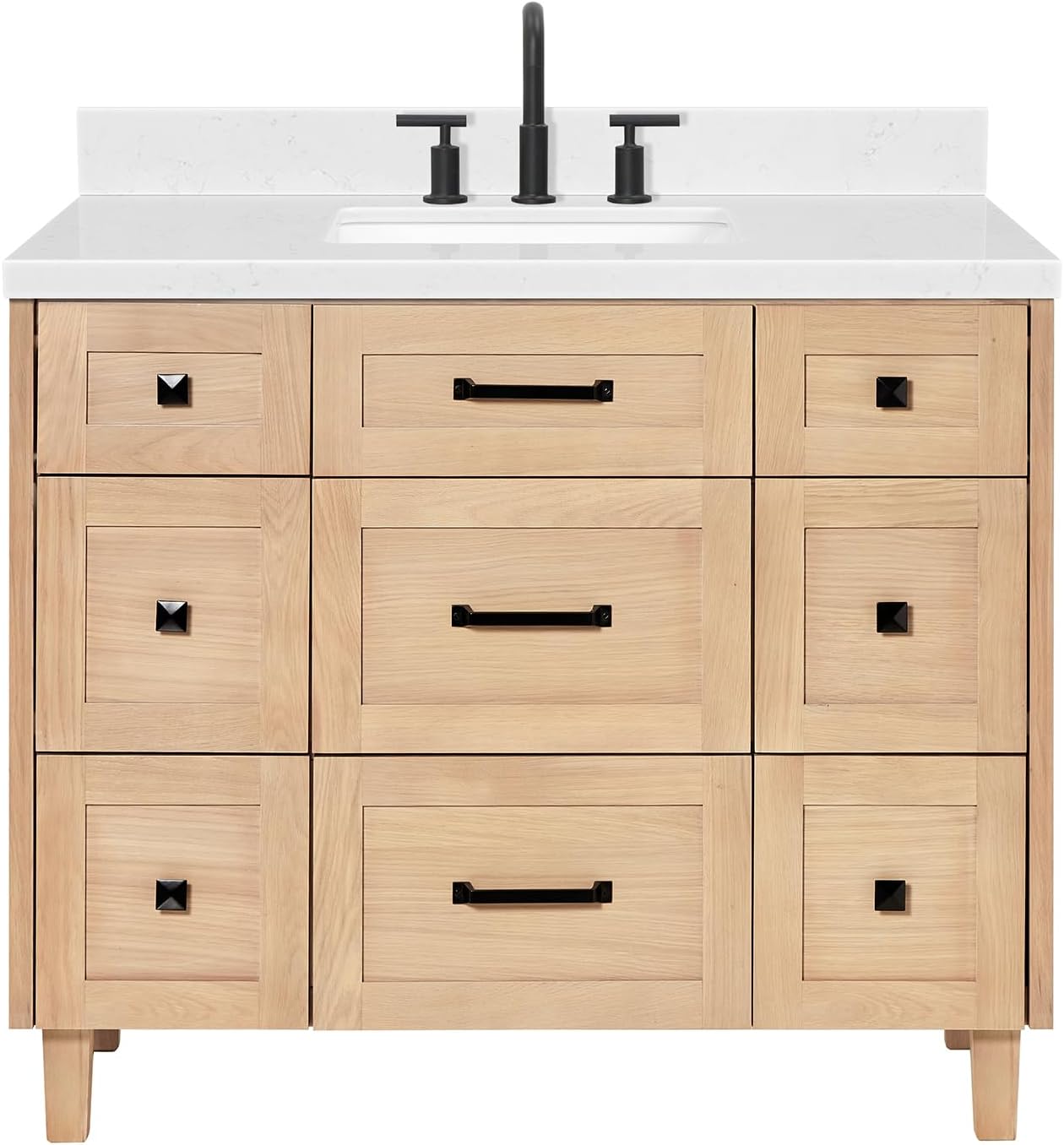 ARIEL Monroe 42-inch Bathroom Vanity with Sink,Solid Wood, 1.5-inch Carrara White Quartz Countertop & Backsplash, Single Oval Porcelain Sink, 9 Dovetail Drawers, Matte Black, White Oak