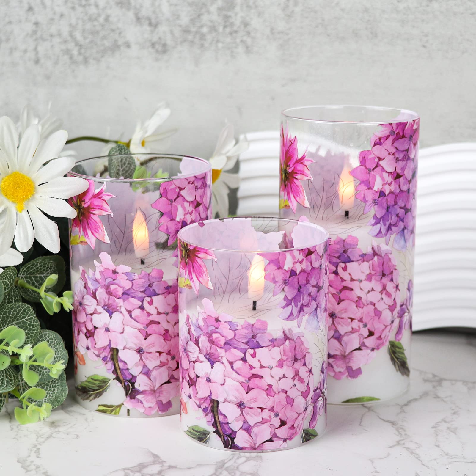 Wedding Candle ピンク 花模様 Amazon.com: DRomance Pink Hydrangea Glass Flameless Candles with