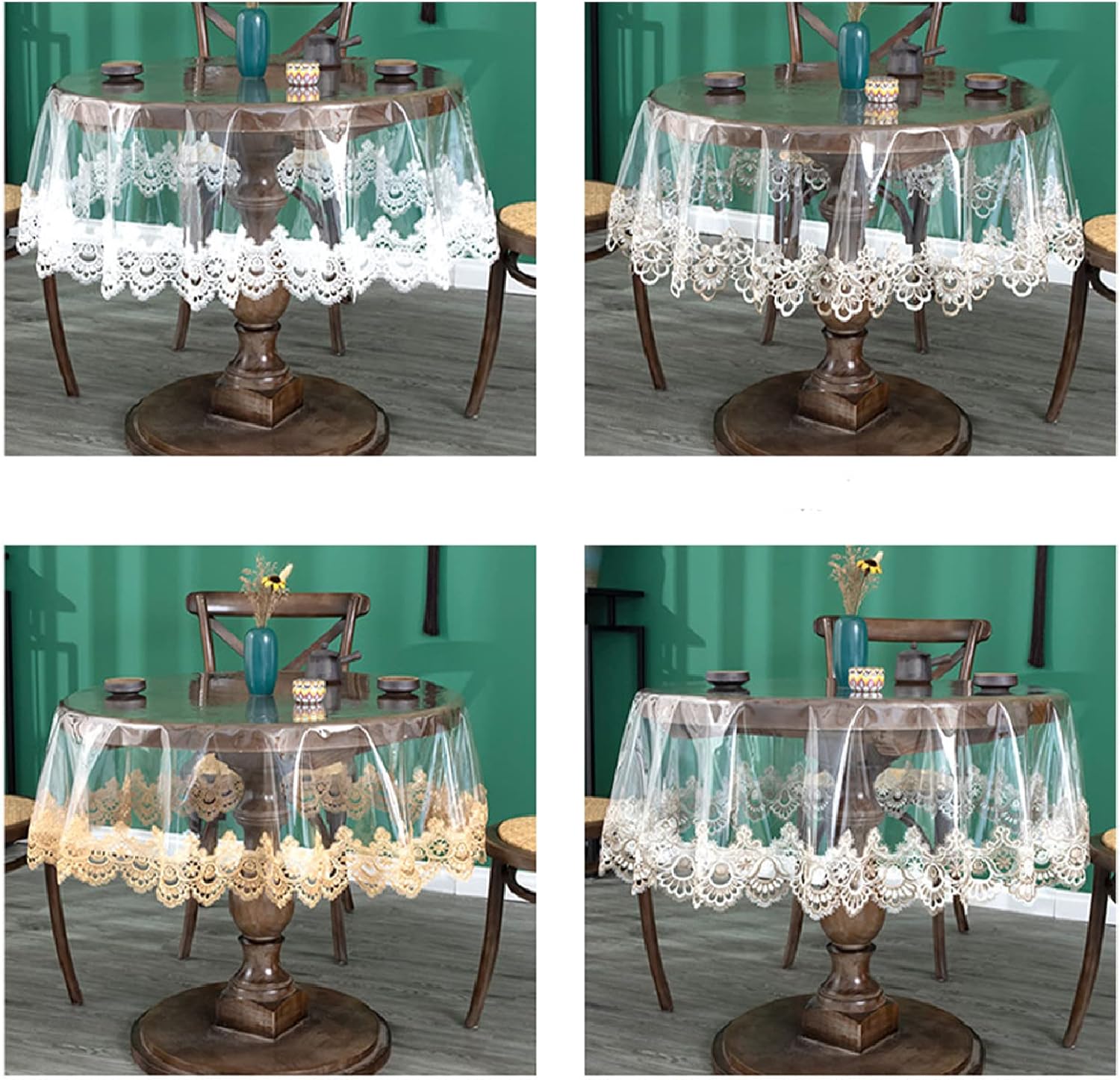 Jeloris Plastic Clear Round Tablecloth Vinyl PVC Waterproof Tablecloth Embroidered Lace Edge Transparent Table Cover for Kitchen Dining Coffee Table (Round 60 inch, Khaki Flora)