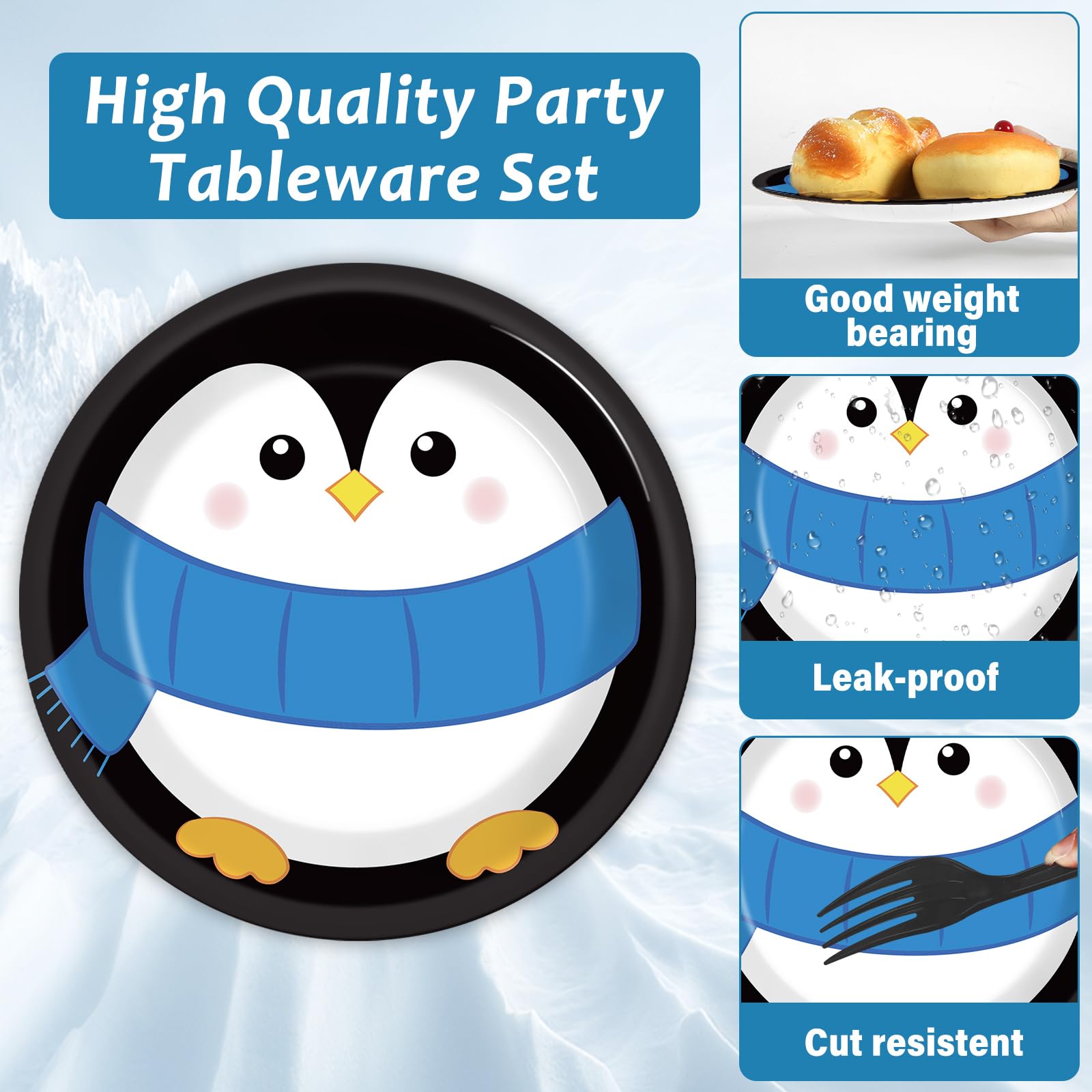 Set Vaisselle Papier Thème Pingouin - 20 Personnes - Assiettes, Tasses, Serviettes + Nappe - Idéal Fête Anniversaire