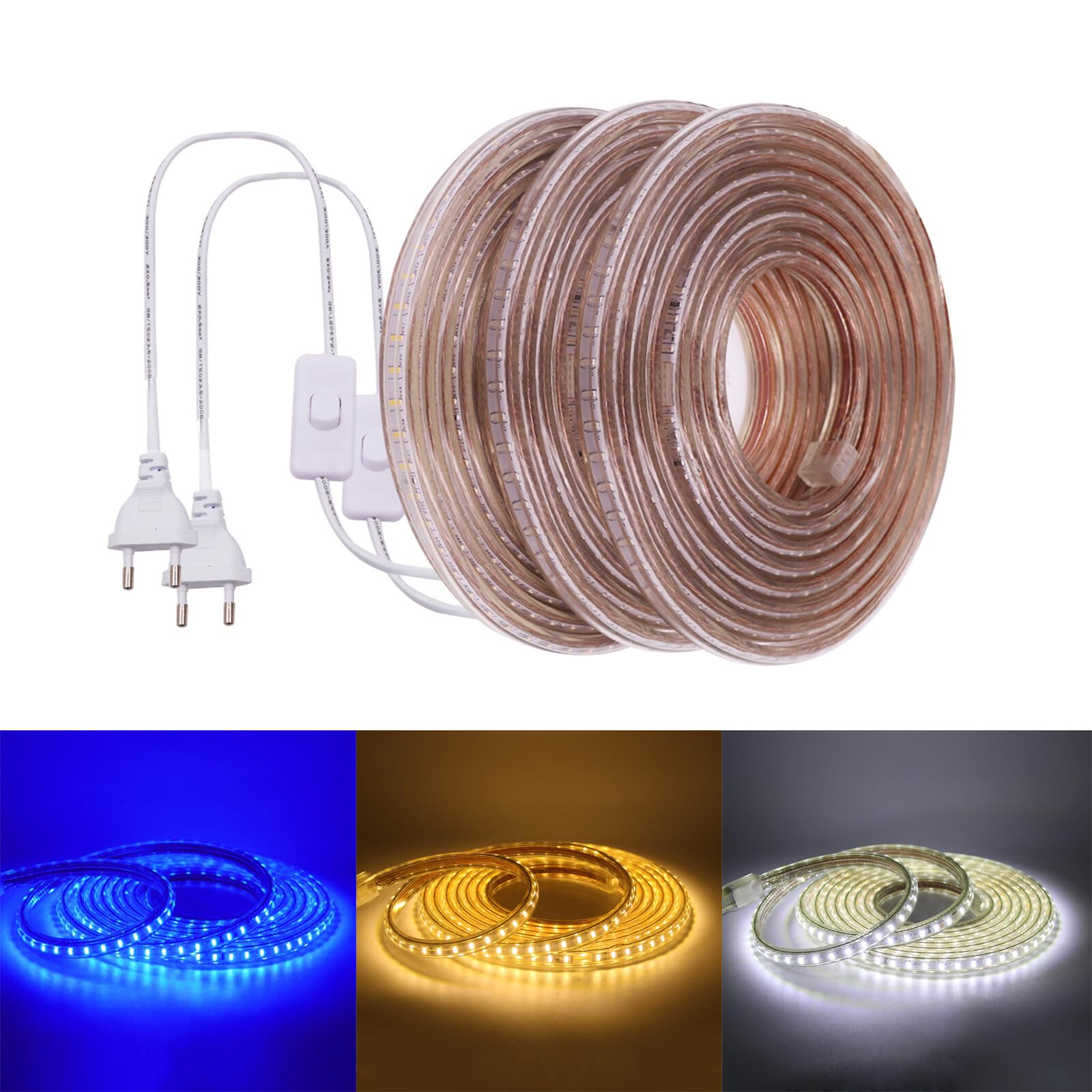 Tira de Luz LED con On/Off, AC220-240V, 100m Azul, SMD3014, IP67 Impermeable Flexible,Diseño DIY, Dormitorio, Salón, Sala de Juegos, Cocina, Fiesta, Decoración de Tiendas