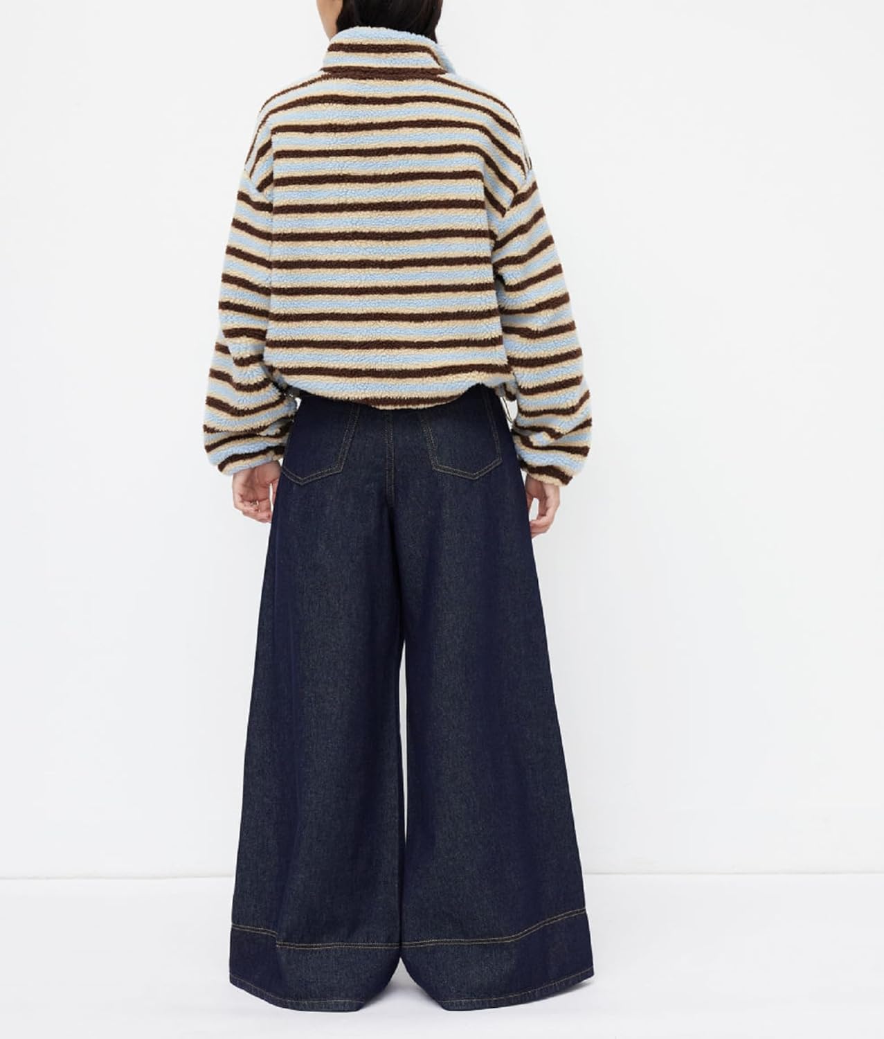 Womens Half Zip Sherpa Striped Fleece Jacket Stand Collar Long Sleeve Drawstring Oversized Sweatshirt Outerwear - Image 2