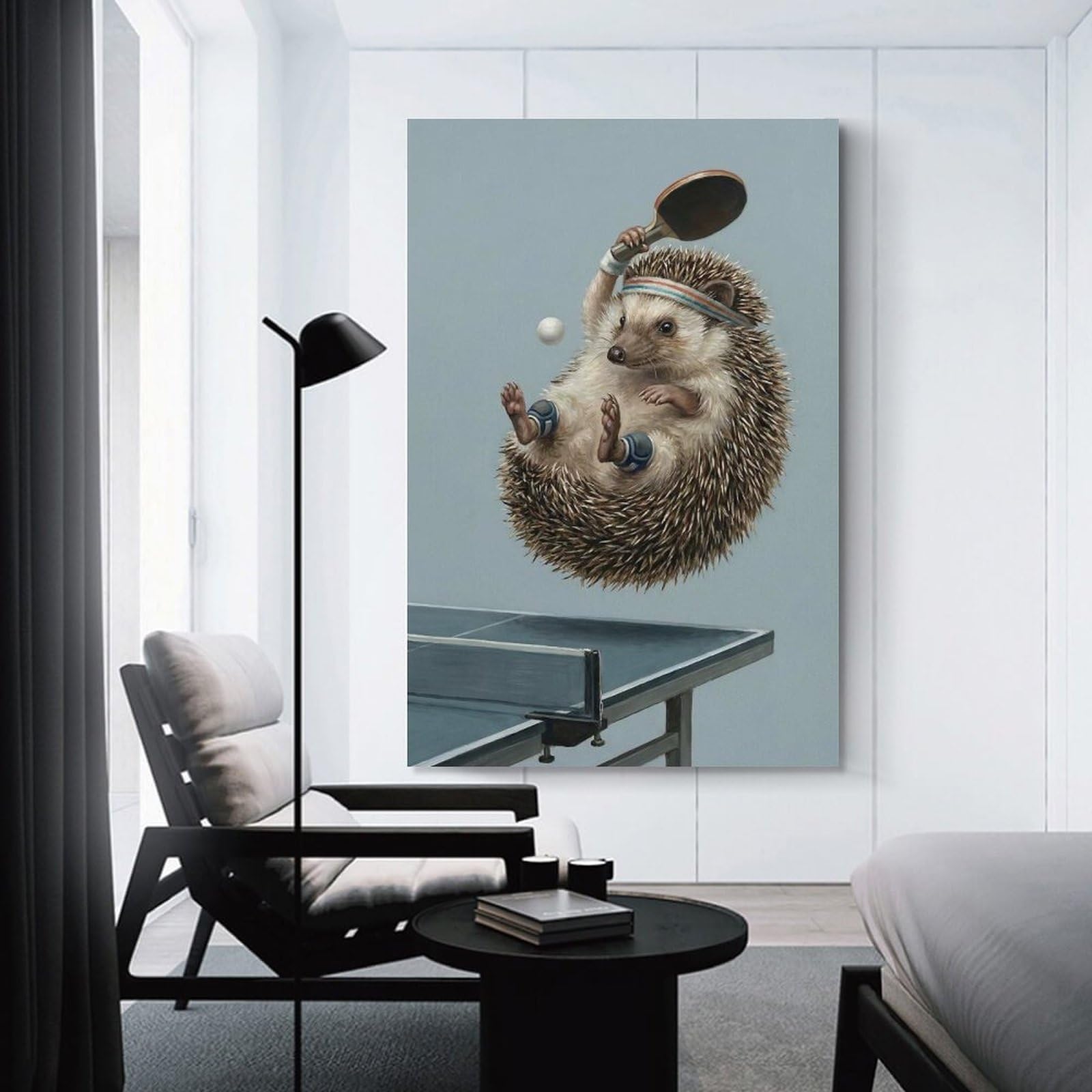 Junmoney Hedgehog Playing Table Tennis Illustration Home Decor Wall Art 20x30inch(50x75cm), for Office, Study Or Home Workspace, Home Office Artwork with Decorative Appeal