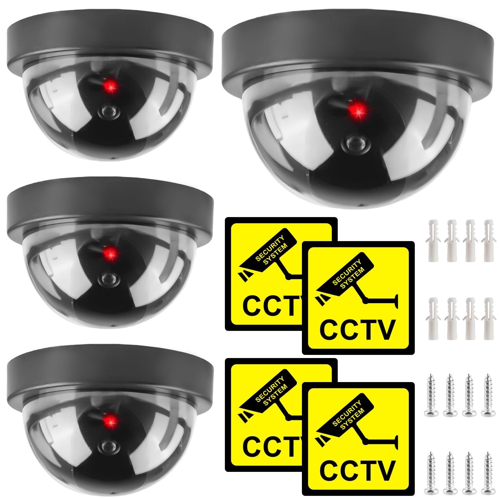 Telecamera di sicurezza finta CCTV 4 pezzi con luce LED, cupola per interni ed esterni
