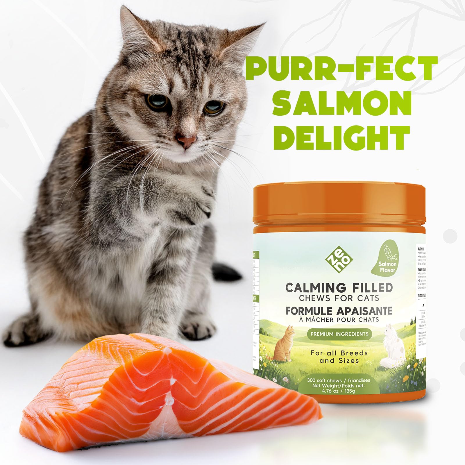 ZENO Hemp Calming Chews for Cats Anxiety 300 pcs - Feline Anxiety Relief with Melatonin - for Stress, Travel, Check-up, restlessness or Separation - Crunchy & Creamy Salmon Cat Calming Treats - image 7