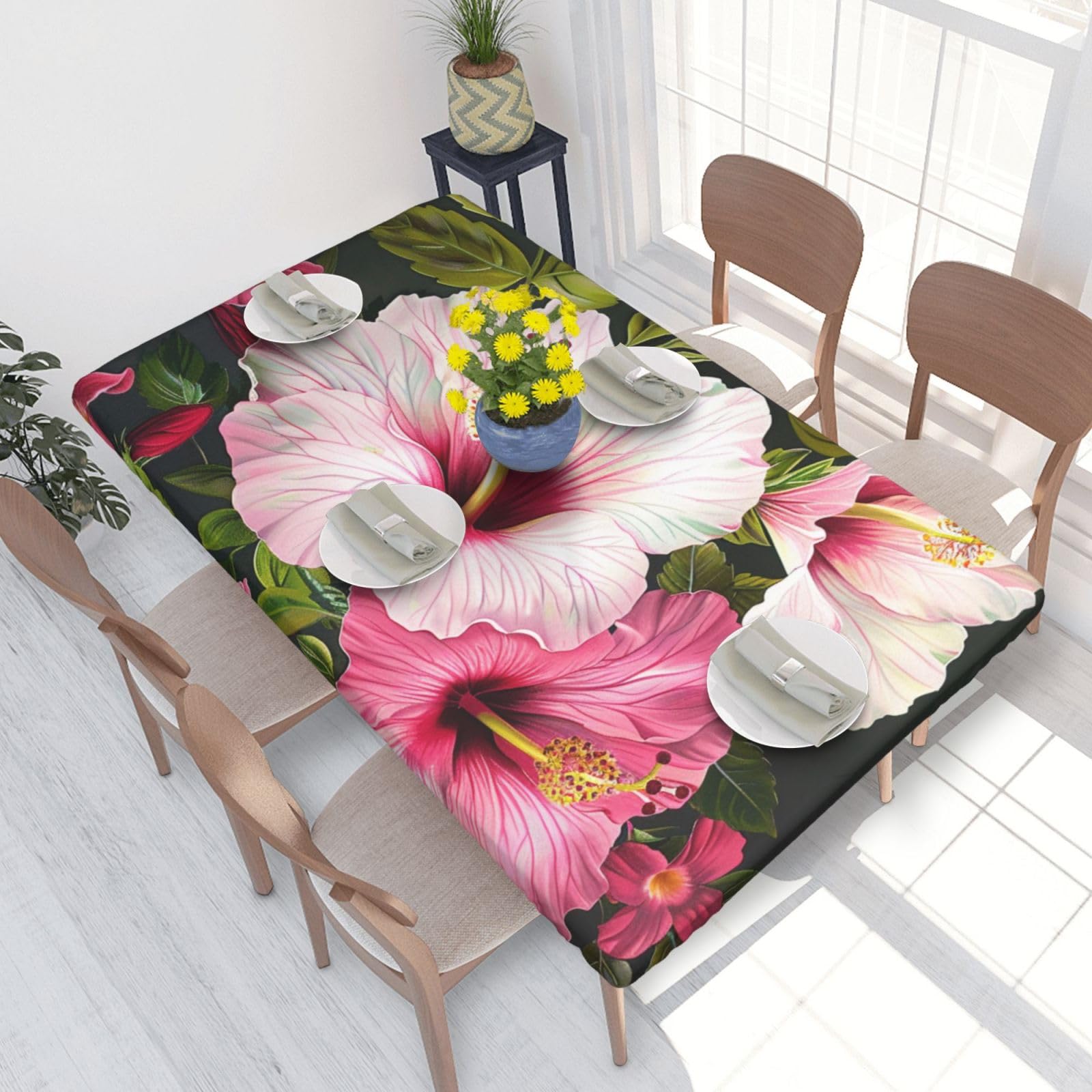 WPKJU Hibiscus Flowers Printed Tablecloths 4ft Rectangular Table Covers Washable Polyester Decorative Table Cloth for Dining Table Picnic Wedding