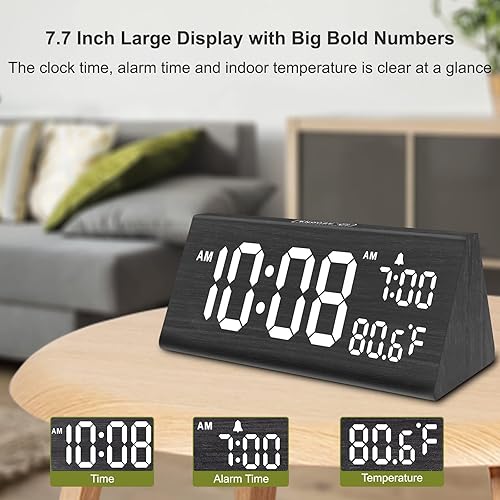 Miniatura 9 de DreamSky Digital Alarm Clocks for Bedrooms - Wooden Electric Clock for Living Room Decor, USB Charging Ports, Date, Weekday, Temperature, Dimmer,